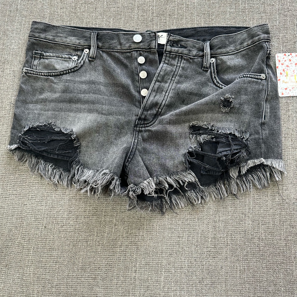 Free People We The Free Distressed Black Denim Shorts